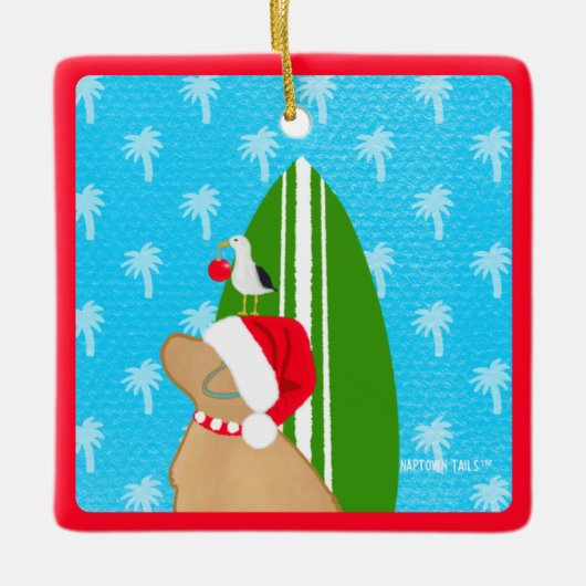 Santa Yellow Lab Surfboard Hond Kerstversiering Keramisch Ornament (Voorkant)
