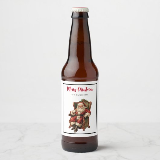 Santa Zittend in een Comfortabele Stoel Kerstmis Bier Etiket (Voorkant)