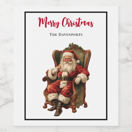 Santa Zittend in een Comfortabele Stoel Kerstmis Wijn Etiket (Enkel label)