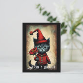 Santa Zwart Schattige Kat Flower Christmas Briefkaart (Staand voorkant)