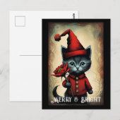 Santa Zwart Schattige Kat Flower Christmas Briefkaart (Voorkant / Achterkant)