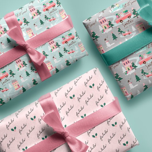 Santa's Comin to Town Pink Retro Van Wrapping Inpakpapier Vel
