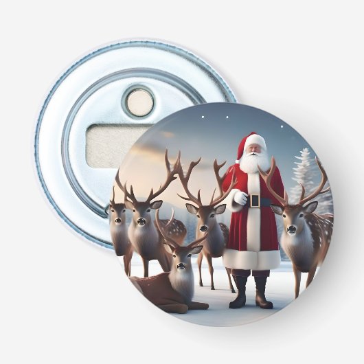 Santa's Crew: Father Christmas poseert rendieren Button Flesopener (Voorkant)