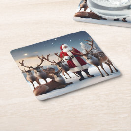 Santa's Crew: Kerstman poseert met rendieren Vierkante Kartonnen Onderzetter