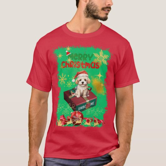 Santa's Dog Zittend om het geschenk te bekijken T-shirt (Voorkant)