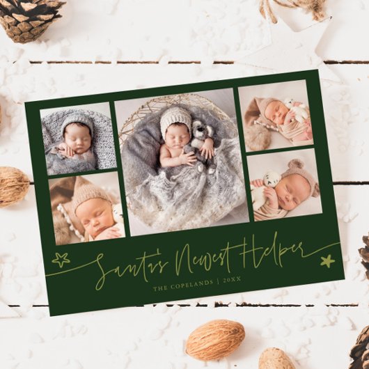 Santa's Helper Christmas Green Birth Announcement Feestdagenkaart
