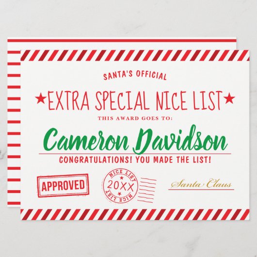 Santa's Kerstfeest, Nice List Award Kaart (Voorkant / Achterkant)