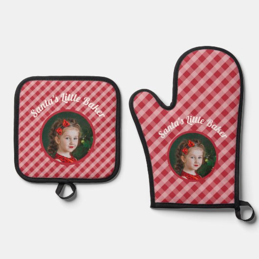 Santa's Little Baker kinder gingham kerst foto Ovenwant & Pannenlap Set (Voorkant)