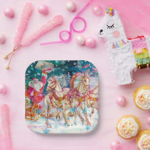Santa's Magical Horse Sleigh Sneeuwnacht Papieren Bordje
