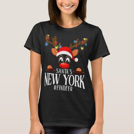 Santas New York Reindeer Funny Xmas Matching Pjs T T-shirt (Voorkant)