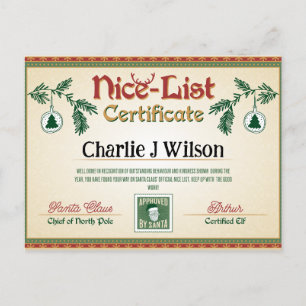 Santa's Nice List Certificaat. Bewerkbare naam. Feestdagenkaart