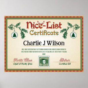 Santa's Nice List Certificaat. Bewerkbare naam. Poster
