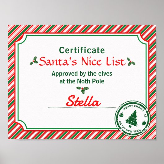 Santa's Nice List Certificate Red Green Candy Cane Poster (Voorkant)