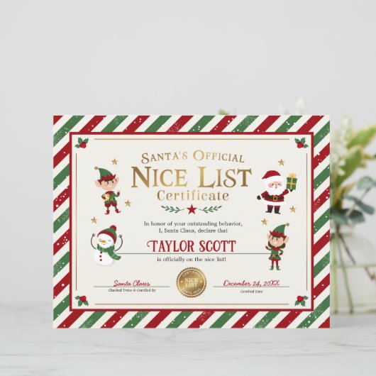Santa's officiële Nice List Certificaat (Staand voorkant)