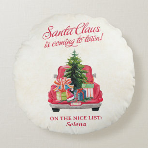 Santa's Red Truck Nice List Rond Kussen