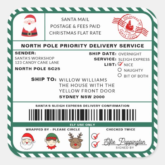 Santas Sleigh Christmas Shipping Label Sticker (Voorkant)