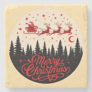 Santa's Sleigh Merry Christmas Forest Scene Art Stenen Onderzetter