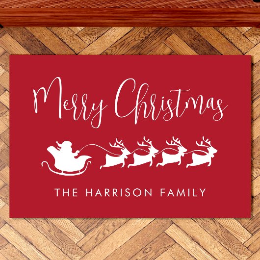 Santas Sleigh Merry Christmas Red Deurmat
