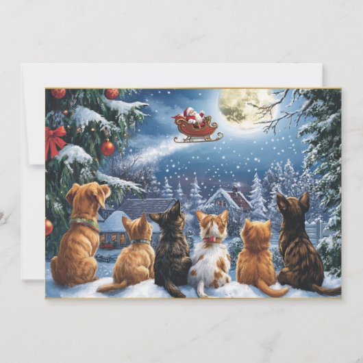 Santa's Sleigh Over Moonlit Winter Forest Feestdagenkaart (Voorkant)