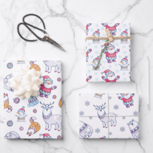 Santas Snowmen en Reindeer Cute Kerstmis-Design Inpakpapier Vel