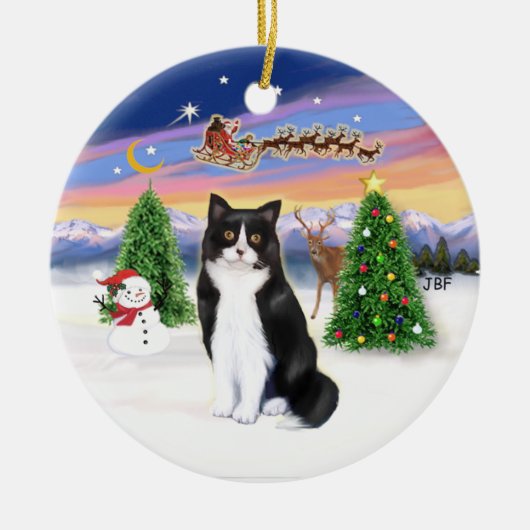 Santas Take Off - Zwart-wit kat (ASH) Keramisch Ornament (Voorkant)