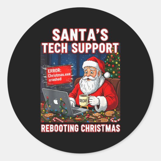 Santa's Tech Suprt_ Rebooting Christmas Funny Ronde Sticker (Voorkant)