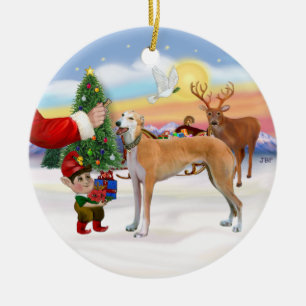Santas Treat - Lichtrode Greyhound Keramisch Ornament