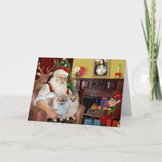Santa's Two Pomeranians Feestdagen Kaart (Voorkant)
