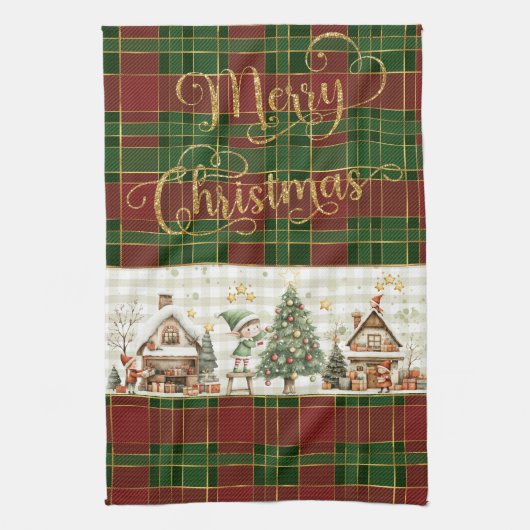 Santa's Workshop Elfen Rood Groen Kerst Tartan Theedoek (Verticaal)