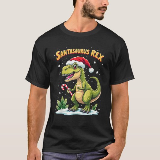 Santasaurus Rex Funny Dinosaur xmas Santa Hat Cand T-shirt (Voorkant)