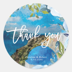 Santorin bleu floraux mariage merci sticker