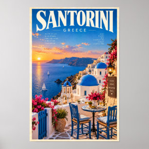 Santorin Grèce Coucher de Soleil Dôme Bleu Affiche