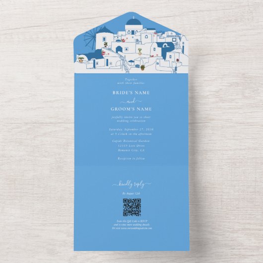 Santorini Bestemming Grieks Eiland Bruiloft All In One Uitnodiging (Binnen)