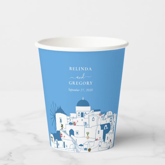 Santorini Bestemming Grieks Eiland Bruiloft Papieren Bekers (Voorkant)