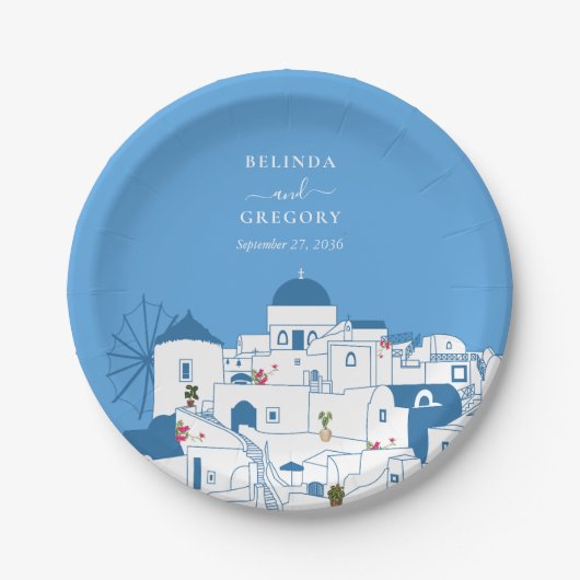 Santorini Bestemming Grieks Eiland Bruiloft Papieren Bordje (Voorkant)