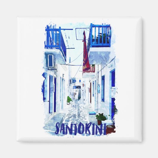 Santorini Blauw en Wit Reizen Magneet (Voorkant)