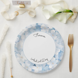 Santorini Blauw Witte Bloemige Bruiloft Papieren Bordje