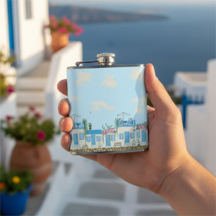 Santorini Blauw Witte Griekse Dorps Kust Kunst Heupfles