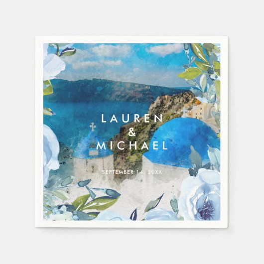 Santorini blauwe bloemen zomer bruiloft servetten (Voorkant)