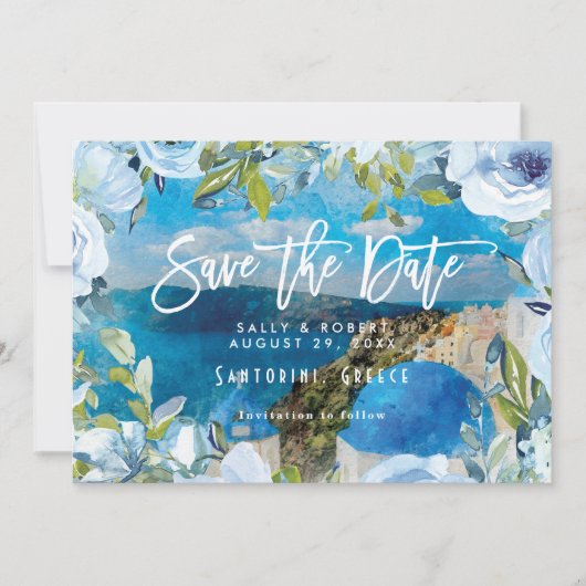 Santorini blauwe bloemenbruiloft bewaar de datumka bedankkaart (Voorkant)