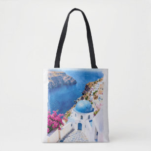 Santorini Blauwe Koepel Aquarel Poster Draagtas