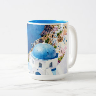 Santorini Blauwe Koepel Aquarel Poster Tweekleurige Koffiemok