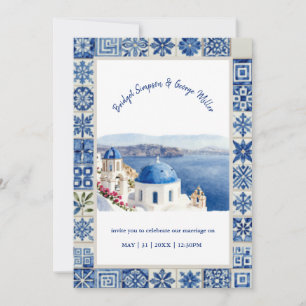 Santorini Blauwe Tegel Aquarel Bestemming Huwelijk Kaart