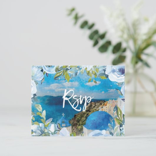 Santorini bloemenzomer bruiloft rsvp briefkaart (Staand voorkant)