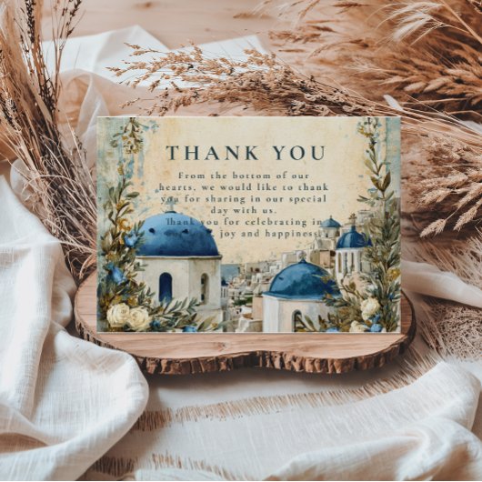 Santorini Blue Dome Botanical Destination Wedding Bedankkaart