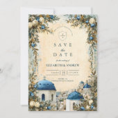 Santorini Blue Dome Botanical Destination Wedding Save The Date (Voorkant)