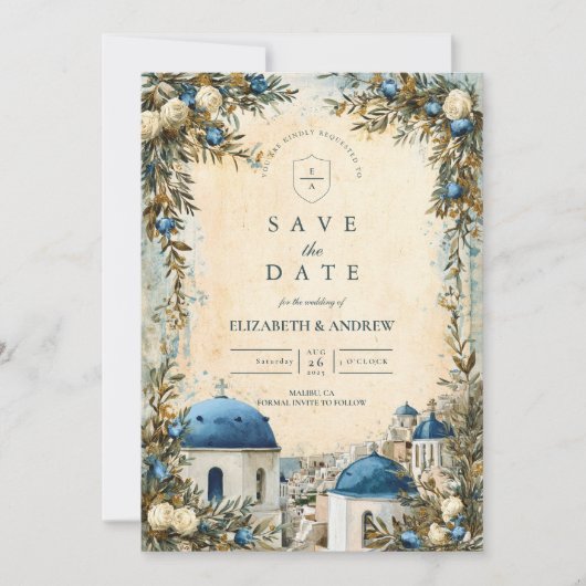 Santorini Blue Dome Botanical Destination Wedding Save The Date (Voorkant)