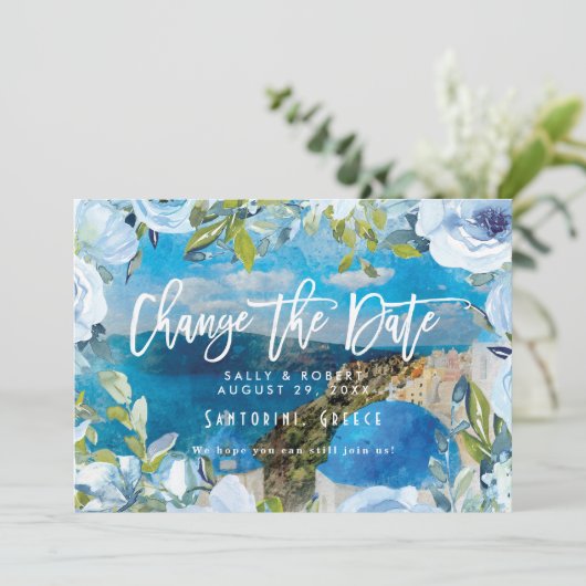 Santorini blue floral bruiloft verandert datumkaar bedankkaart (Staand voorkant)