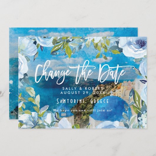 Santorini blue floral bruiloft verandert datumkaar bedankkaart (Voorkant / Achterkant)