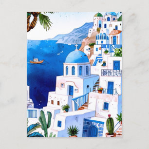 Santorini door het Zee, Griekenland Blauwe Waterve Briefkaart